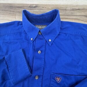 Ariat Shirt Men Small Blue Long Sleeve Button Down Cotton Solid Western Workwear